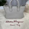 Ferragamo Mini Gray Leather Top Handle Bag Wristlet Silver Hardware