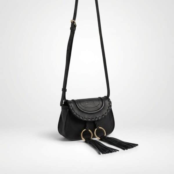 Chole small black crossbody See by Chloé Mini Polly Black Leather Shoulder Bag Gold Rings and Tassels