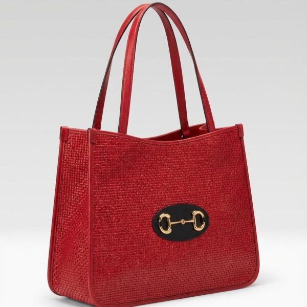 Gucci red horsbit Gucci Horsebit 1955 Large Flame Red Faux Straw Leather Tote Bag NWT