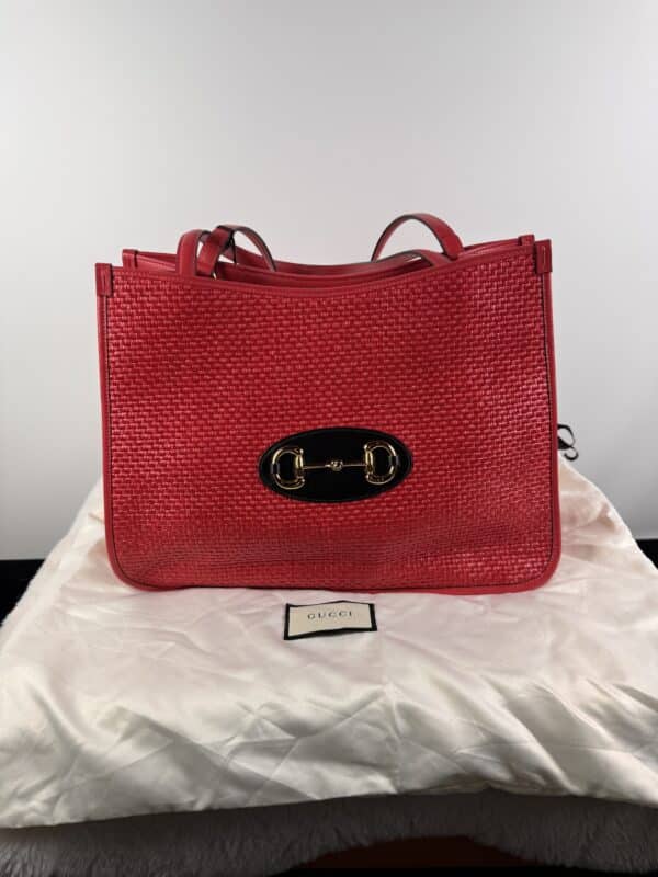 IMG_3929 Gucci Horsebit 1955 Large Flame Red Faux Straw Leather Tote Bag NWT