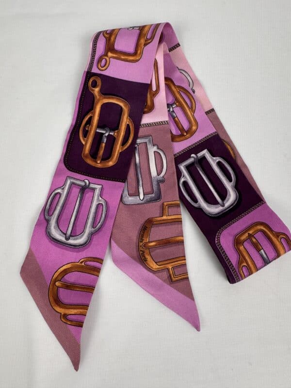 IMG_7671 Hermès Bouclerie d’Attelage Silk Twilly Scarf Pink Purple with Box