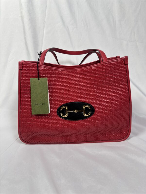 IMG_9503 Gucci Horsebit 1955 Large Flame Red Faux Straw Leather Tote Bag NWT