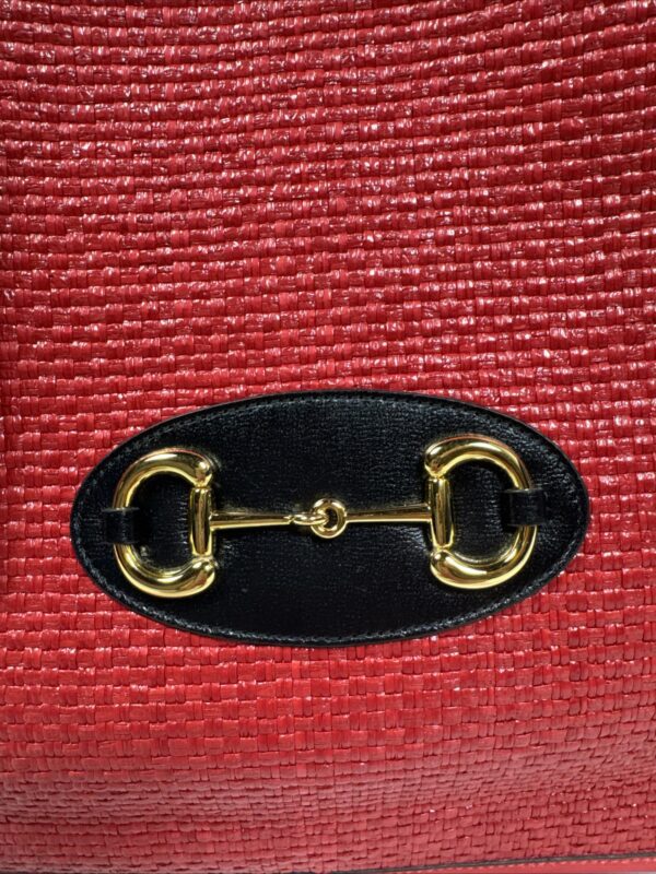 IMG_9504 Gucci Horsebit 1955 Large Flame Red Faux Straw Leather Tote Bag NWT