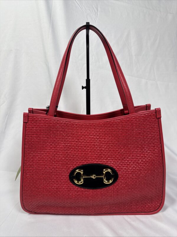 IMG_9505 Gucci Horsebit 1955 Large Flame Red Faux Straw Leather Tote Bag NWT