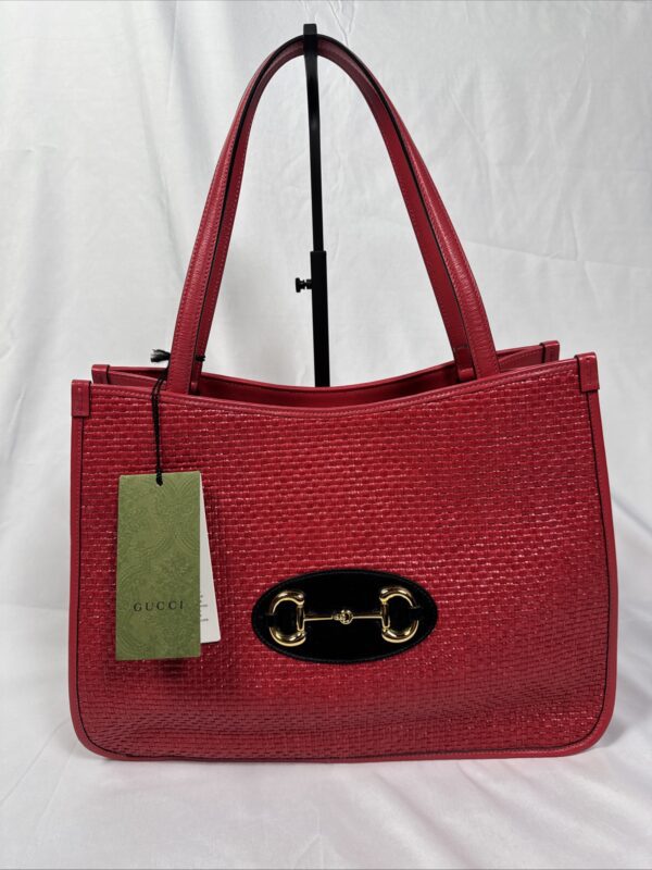 IMG_9506 Gucci Horsebit 1955 Large Flame Red Faux Straw Leather Tote Bag NWT
