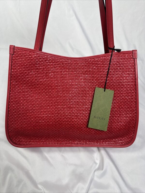 IMG_9512 Gucci Horsebit 1955 Large Flame Red Faux Straw Leather Tote Bag NWT