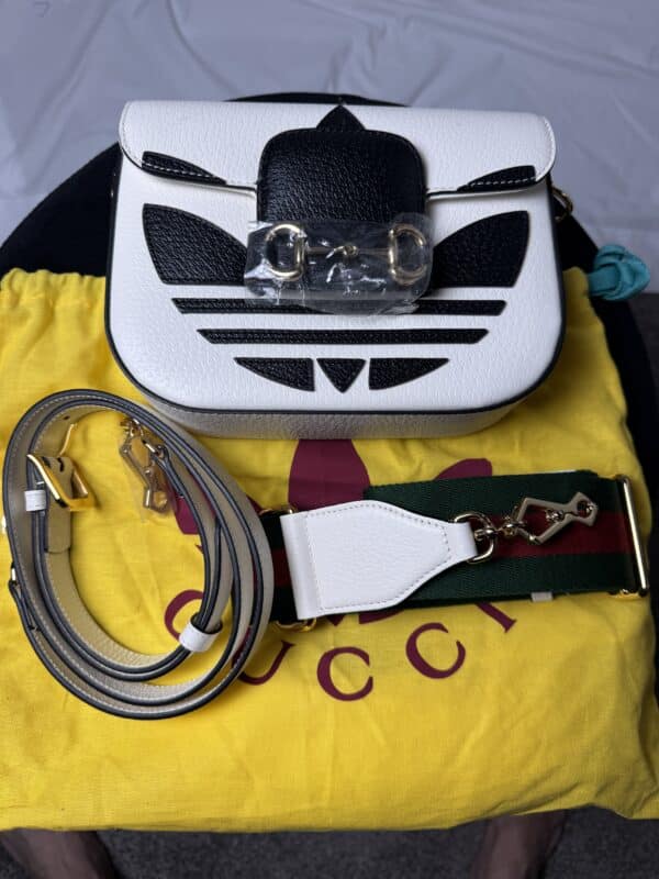 IMG_1903 Gucci x adidas Horsebit 1955 Small White Black Leather Shoulder Bag