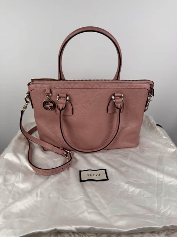 2026-05-12 18.05.35 Gucci Dollar Calfskin GG Charm Satchel Soft Pink Pebbled Leather 2-Way Tote Shoulder Bag