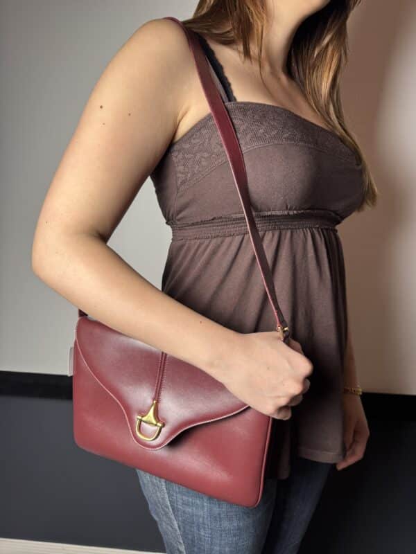 IMG_1636 Vintage Gucci Burgundy Leather Equestrian Stirrup Clasp Shoulder Bag