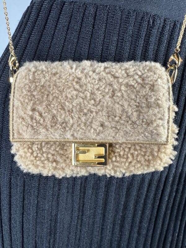 IMG_1894 (1) Fendi Nano Baguette Beige Shearling Gold Chain Crossbody Bag