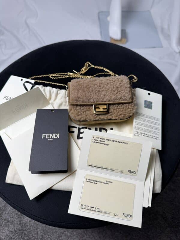 IMG_1896 (1) Fendi Nano Baguette Beige Shearling Gold Chain Crossbody Bag
