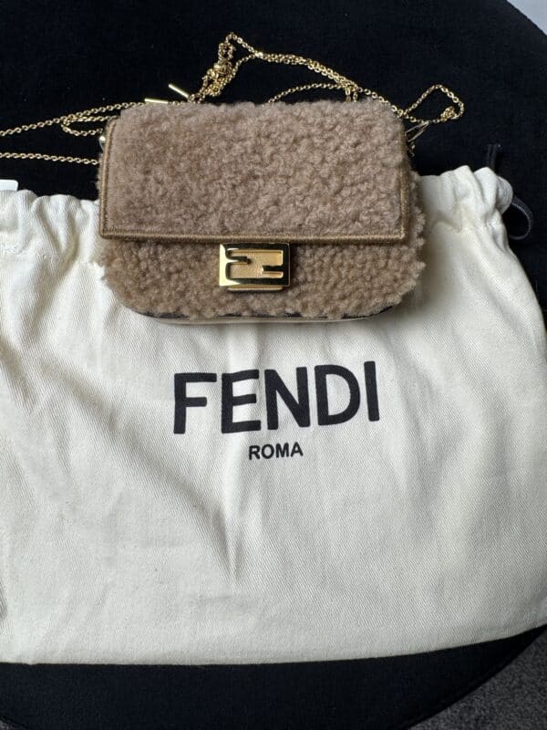 IMG_1900 (1) Fendi Nano Baguette Beige Shearling Gold Chain Crossbody Bag
