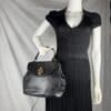 IMG_2135 Vintage Christian Dior Black Grained Leather 2-Way Top Handle Shoulder Bag Gold CD Logo