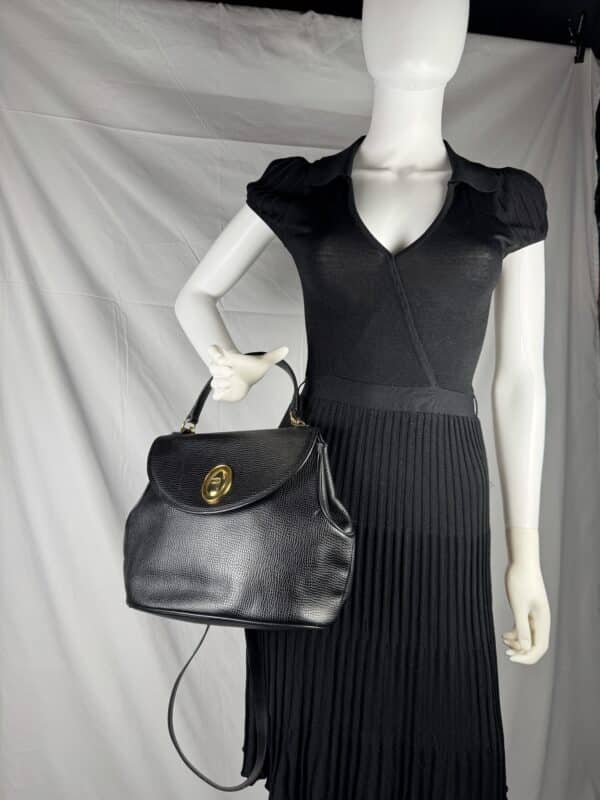 IMG_2135 Vintage Christian Dior Black Grained Leather 2-Way Top Handle Shoulder Bag Gold CD Logo