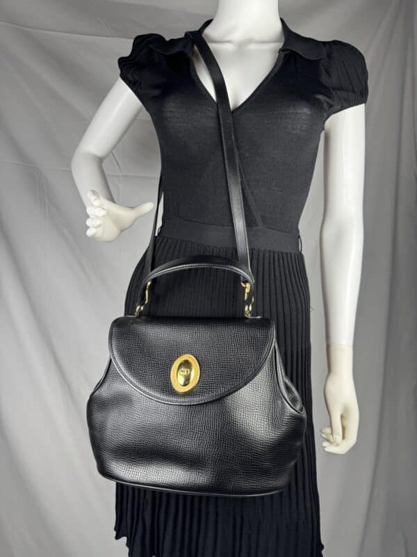 IMG_2141 Vintage Christian Dior Black Grained Leather 2-Way Top Handle Shoulder Bag Gold CD Logo
