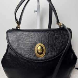 IMG_2157 Vintage Christian Dior Black Grained Leather 2-Way Top Handle Shoulder Bag Gold CD Logo