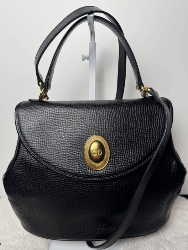 IMG_2157 Vintage Christian Dior Black Grained Leather 2-Way Top Handle Shoulder Bag Gold CD Logo