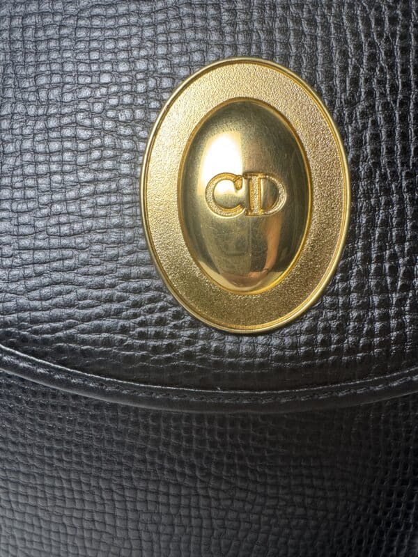IMG_2158 Vintage Christian Dior Black Grained Leather 2-Way Top Handle Shoulder Bag Gold CD Logo
