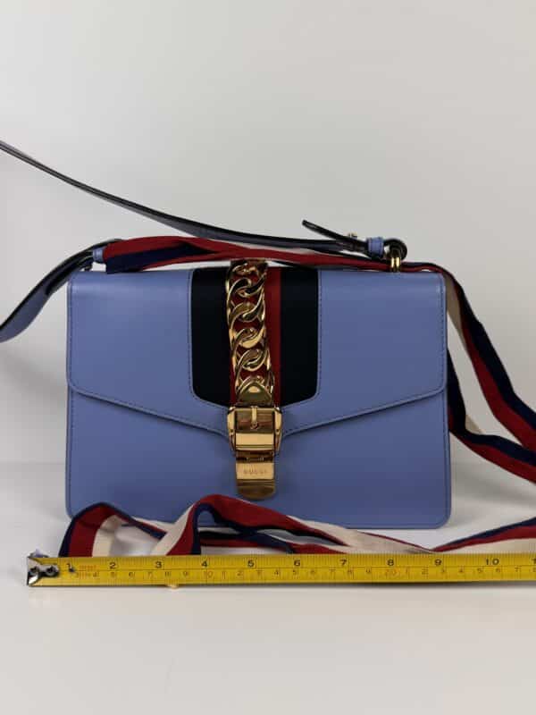 IMG_2347 Gucci Sylvie Mini Light Blue Leather Web Chain Shoulder Bag 431666