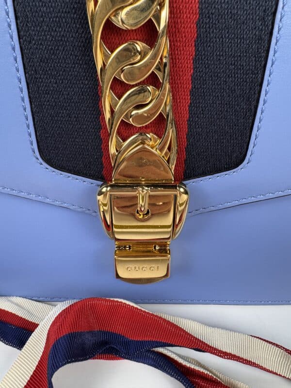 IMG_2348 Gucci Sylvie Mini Light Blue Leather Web Chain Shoulder Bag 431666