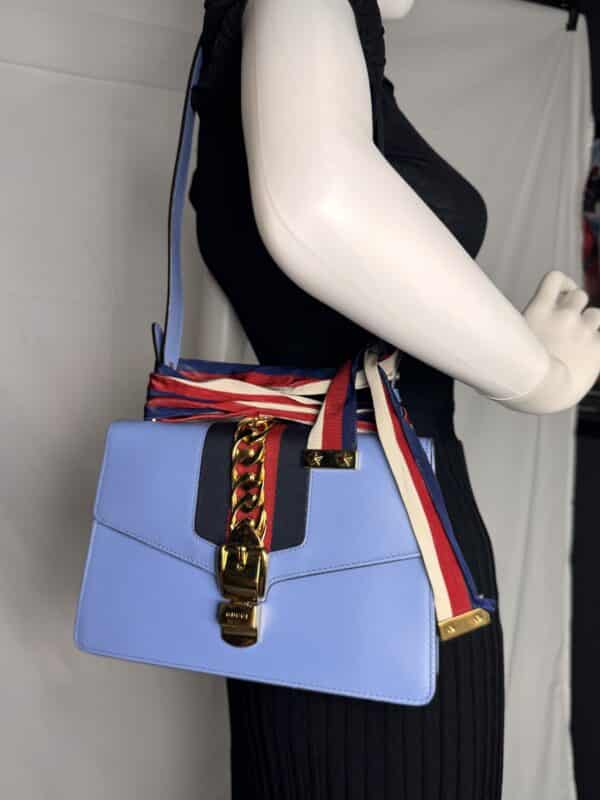 Gucci Sylvie Mini Light Blue Leather Web Chain Shoulder Bag 431666