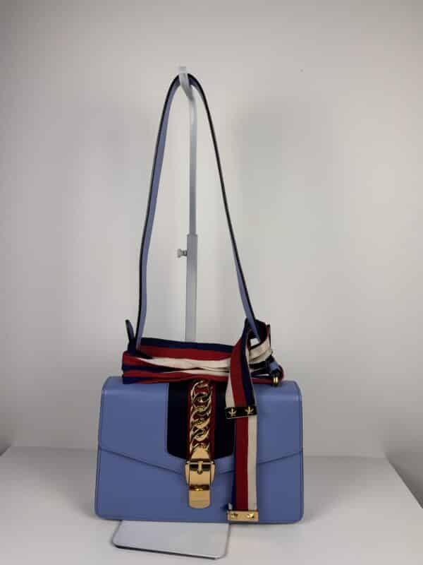 IMG_2356 Gucci Sylvie Mini Light Blue Leather Web Chain Shoulder Bag 431666