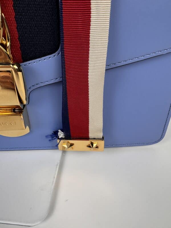 IMG_2357 Gucci Sylvie Mini Light Blue Leather Web Chain Shoulder Bag 431666