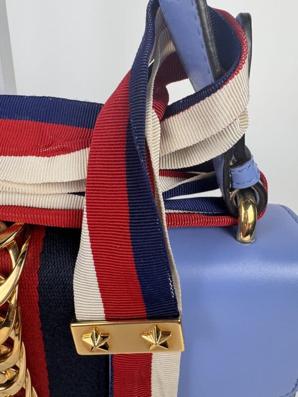 IMG_2358 Gucci Sylvie Mini Light Blue Leather Web Chain Shoulder Bag 431666