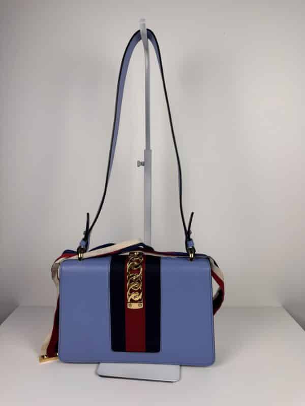 IMG_2360 Gucci Sylvie Mini Light Blue Leather Web Chain Shoulder Bag 431666