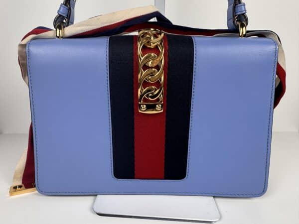 IMG_2361 Gucci Sylvie Mini Light Blue Leather Web Chain Shoulder Bag 431666
