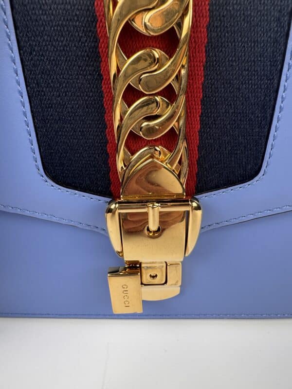 IMG_2363 Gucci Sylvie Mini Light Blue Leather Web Chain Shoulder Bag 431666