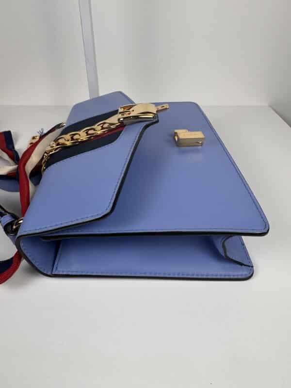 IMG_2368 Gucci Sylvie Mini Light Blue Leather Web Chain Shoulder Bag 431666