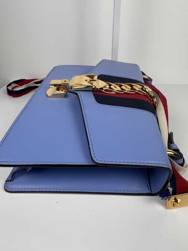 IMG_2370 Gucci Sylvie Mini Light Blue Leather Web Chain Shoulder Bag 431666