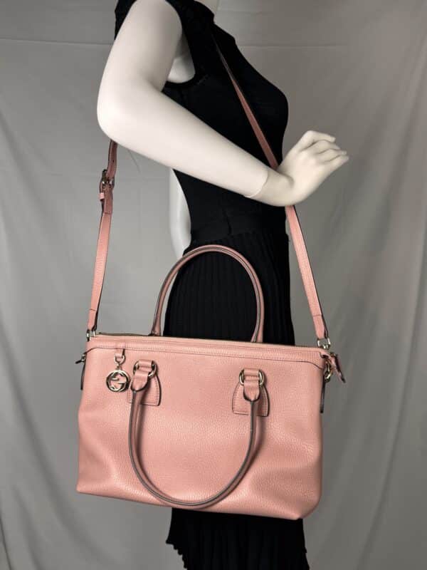 IMG_2391 Gucci Dollar Calfskin GG Charm Satchel Soft Pink Pebbled Leather 2-Way Tote Shoulder Bag