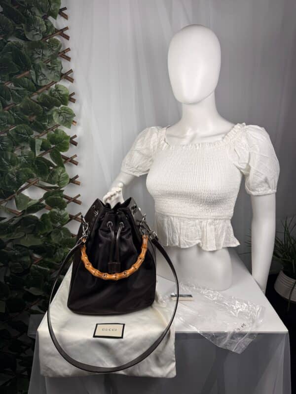 IMG_6625 Gucci Bamboo handle bucket bag black with brown bamboo handle two way
