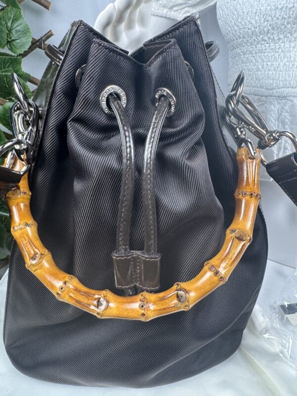 IMG_6626 Gucci Bamboo handle bucket bag black with brown bamboo handle two way