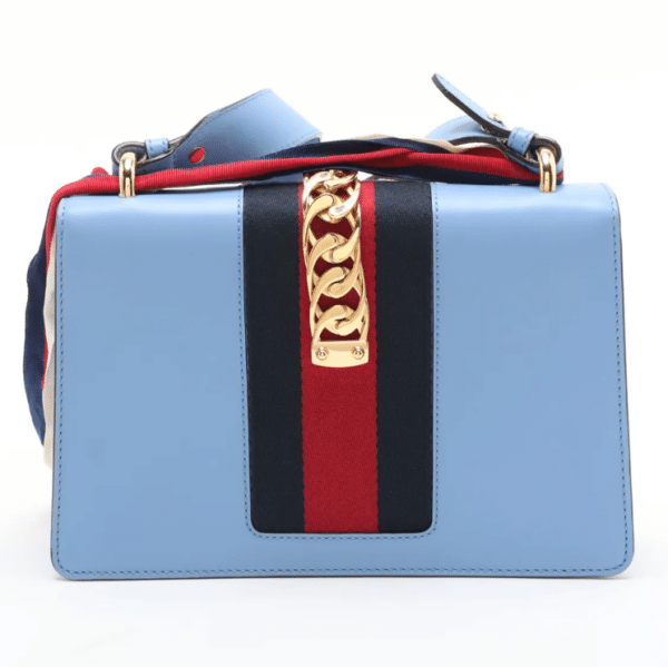 Screenshot 2026-03-07 094608 Gucci Sylvie Mini Light Blue Leather Web Chain Shoulder Bag 431666