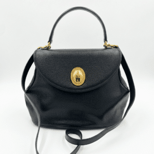 Vintage Christian Dior Black Grained Leather 2-Way Top Handle Shoulder Bag Gold CD Logo