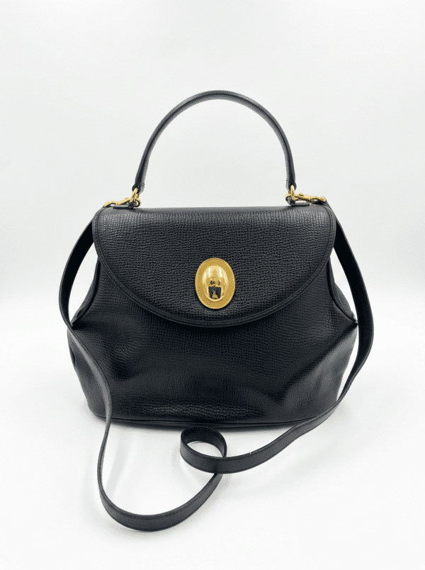 vintage dior black Vintage Christian Dior Black Grained Leather 2-Way Top Handle Shoulder Bag Gold CD Logo