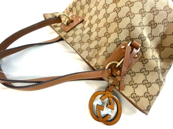 177303313476389_IMG_7446 Gucci Vintage Original GG Canvas Wooden Charm Tote Brown Leather
