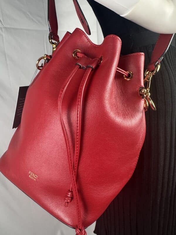IMG_2172 Fendi Mon Tresor Red Calfskin Leather Bucket Shoulder Bag Gold Hardware