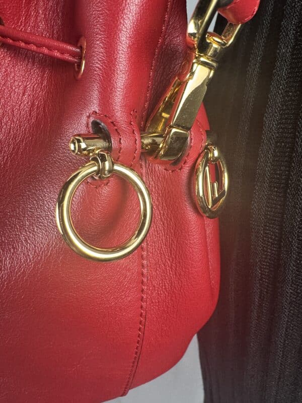 IMG_2176 Fendi Mon Tresor Red Calfskin Leather Bucket Shoulder Bag Gold Hardware
