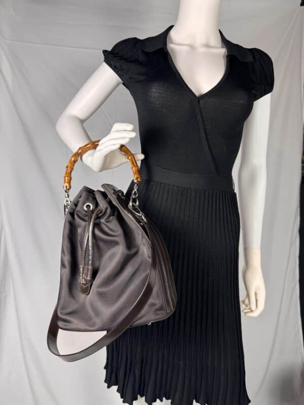 IMG_2741 Gucci Bamboo handle bucket bag black with brown bamboo handle two way