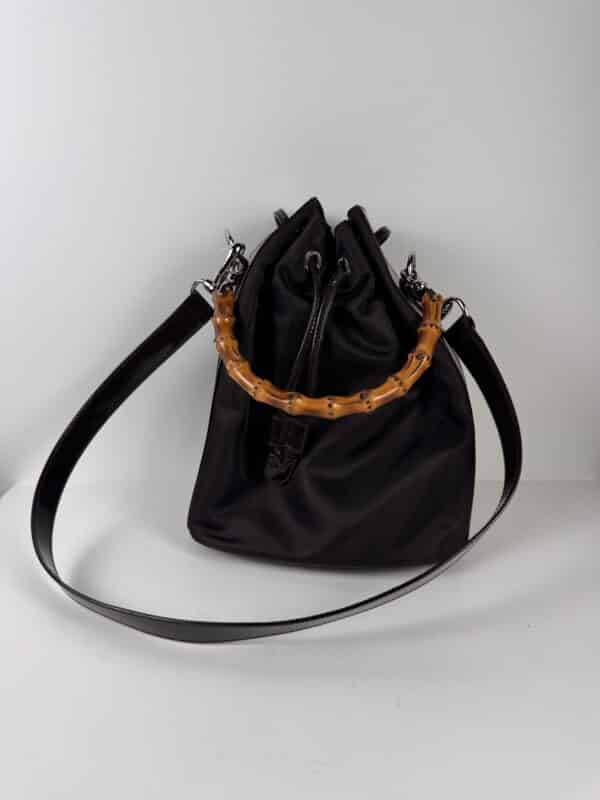 IMG_2742 Gucci Bamboo handle bucket bag black with brown bamboo handle two way