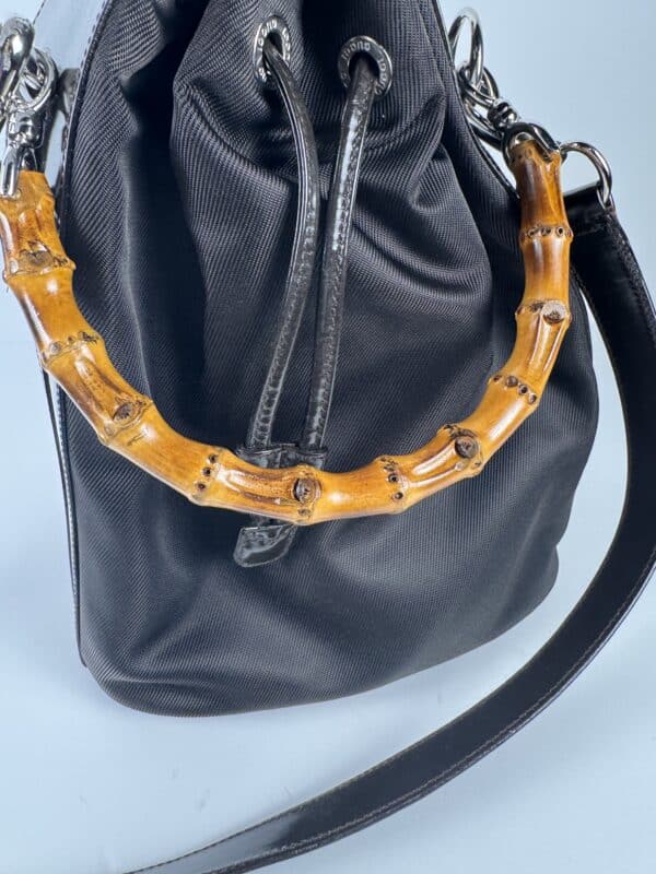 IMG_2749 Gucci Bamboo handle bucket bag black with brown bamboo handle two way