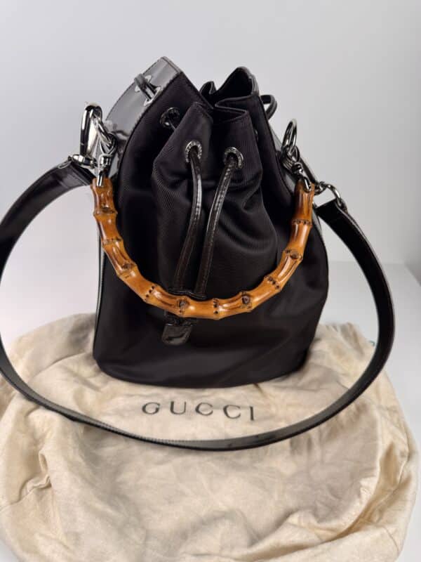 IMG_2759 Gucci Bamboo handle bucket bag black with brown bamboo handle two way