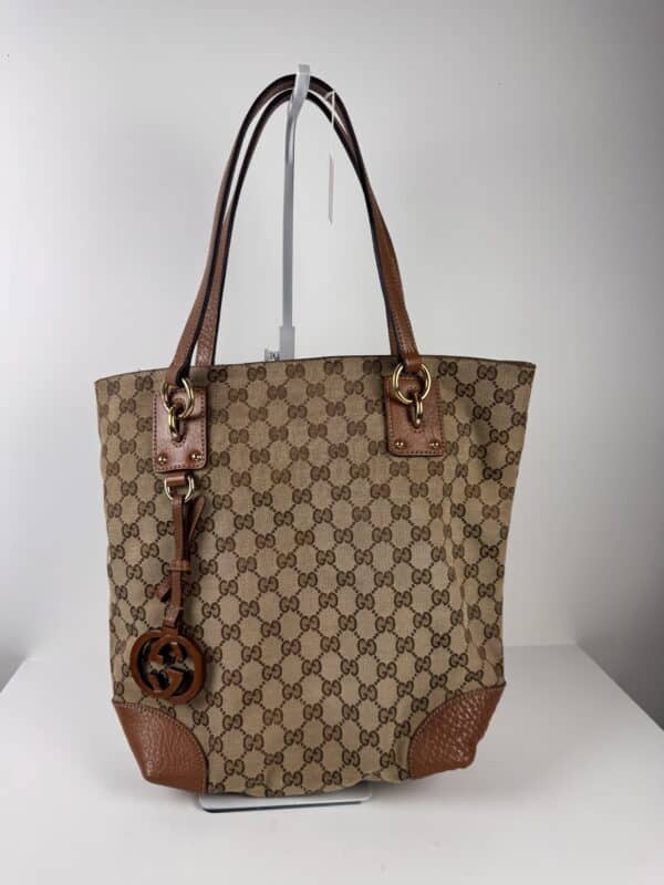 IMG_2762 Gucci Vintage Original GG Canvas Wooden Charm Tote Brown Leather