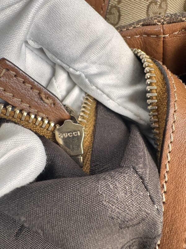 IMG_2770 Gucci Vintage Original GG Canvas Wooden Charm Tote Brown Leather