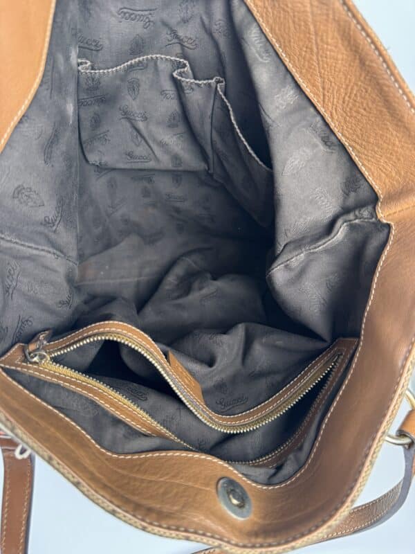 IMG_2771 Gucci Vintage Original GG Canvas Wooden Charm Tote Brown Leather