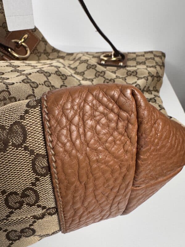 IMG_2772 Gucci Vintage Original GG Canvas Wooden Charm Tote Brown Leather